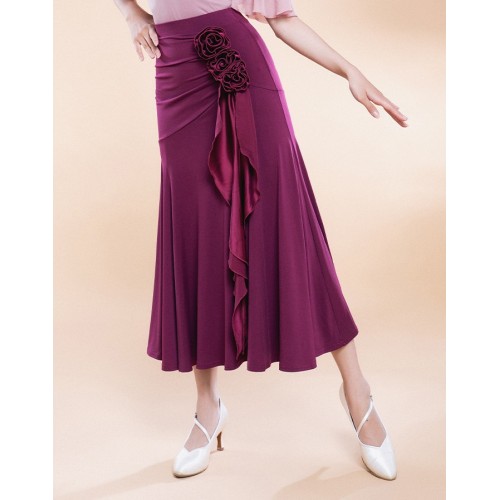 Women girls purple blue black flowers ballrom dance skirts long length waltz tango foxtrot smooth dance long skirt for female